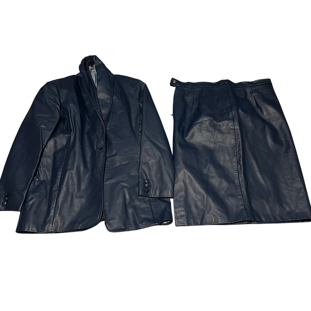 Navy Gray Blue Leather‎ Blazer Jacket and Skirt Set Two Piece Outfit